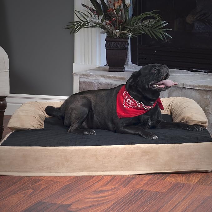 PETMAKER Extra-Large Dog Bed – 45.5 x 32 Pet Bed - 3-Layer Orthopedic Dog Sofa with Cooling Gel, Memory Foam and Neck Bolster (Tan/Black), XL