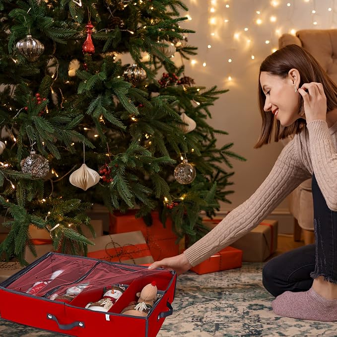 2 Pack Christmas Figures Storage Box | Each Holds 4 Holiday Figurines up to 16” | Adjustable Nutcracker Decor Ornament Storage Container | Xmas Decorations Accessories Boxes (Red)