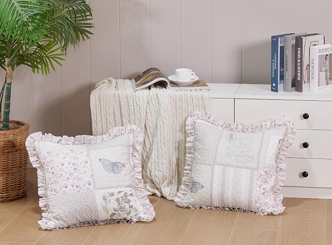 Brilliant Sunshine Grey Cupid & Pink Roses Ruffle Pillowshams Set, 18"x18" | Patchwork Design with Ruffles, Quilted Pillow Covers, Washable Throw Cushion Cases for Couchs and Beds, Pack of 2