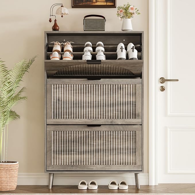 BORNOON Shoe Cabinet for Entryway with 3 Flip Drawers, Slim Wooden Shoe Storage Organizer with Modern Fluted Pannel，Freestanding Narrow Hidden Shoe Rack for Hallway, Foyer, Living Room