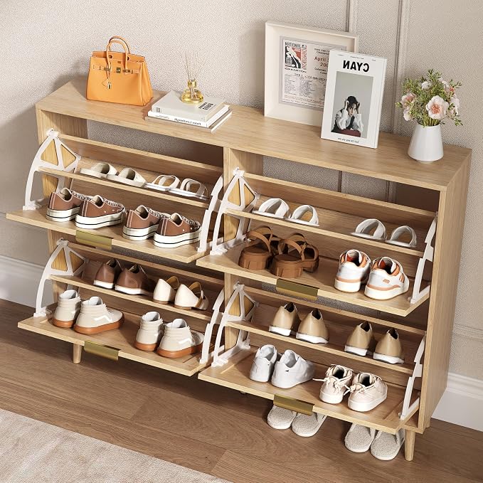 BORNOON Shoe Cabinet for Entryway with 4 Flip Drawers, Slim Wooden Shoe Storage Organizer with Modern Fluted Pannel，Freestanding Narrow Hidden Shoe Rack for Hallway, Foyer, Living Room