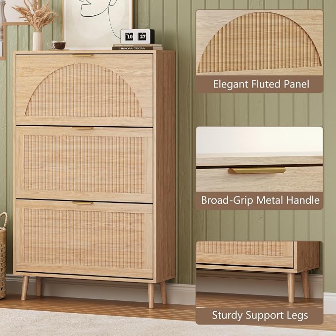 BORNOON Shoe Cabinet for Entryway with 3 Flip Drawers, Slim Wooden Shoe Storage Organizer with Modern Fluted Pannel，Freestanding Narrow Hidden Shoe Rack for Hallway, Foyer, Living Room