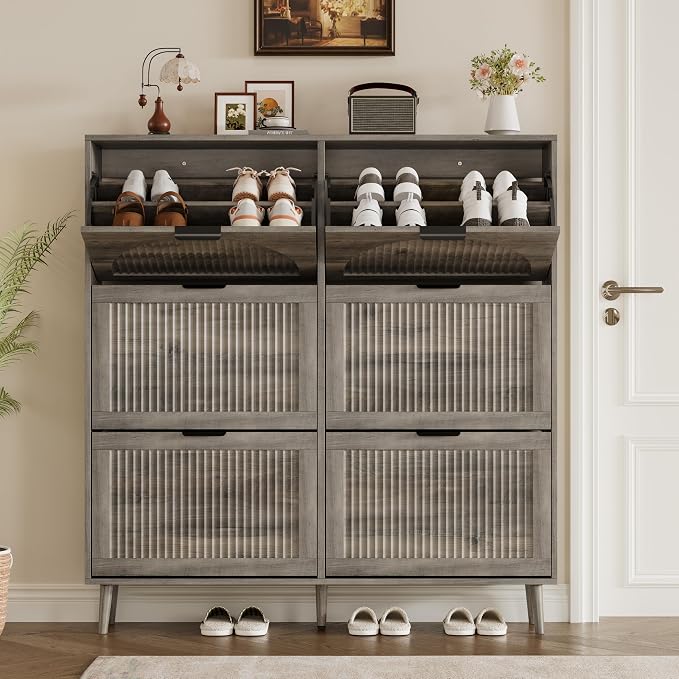 BORNOON Shoe Cabinet for Entryway with 6 Flip Drawers, Slim Wooden Shoe Storage Organizer with Modern Fluted Pannel，Freestanding Narrow Hidden Shoe Rack for Hallway, Foyer, Living Room