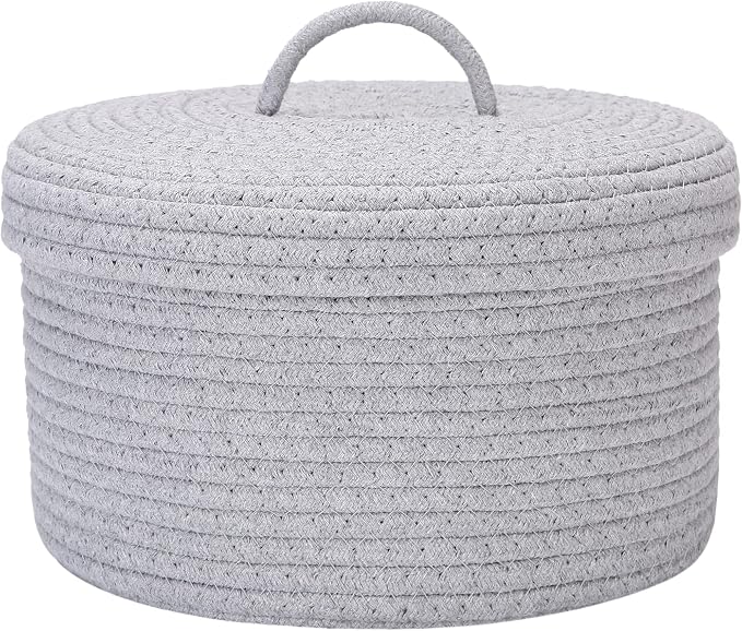 Sea Team Round Storage Basket, Woven Cotton Rope Basket with Lid, Gray | Decorative Knitted Storage Bin, Multi-Purpose Lidded Organizer for Closet Shelves, Nursery and Household Storage