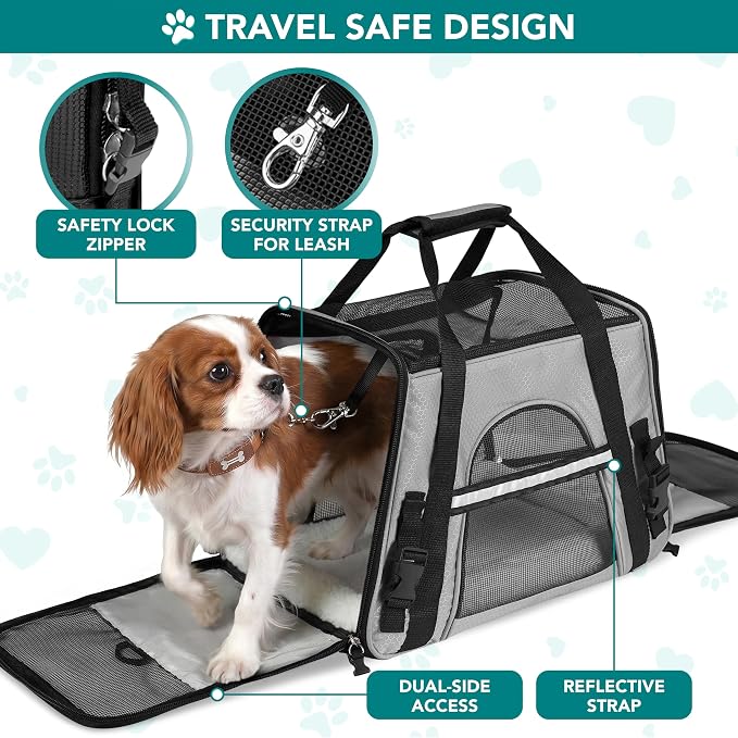 PetAmi Airline Approved Pet Carrier for Cats & Small Dogs, Large Light Gray | Soft Sided TSA Travel Bag, Sherpa Bed, Breathable Mesh Ventilation, Collapsible Bowl, Fits Under Seat, Up to 18 lbs