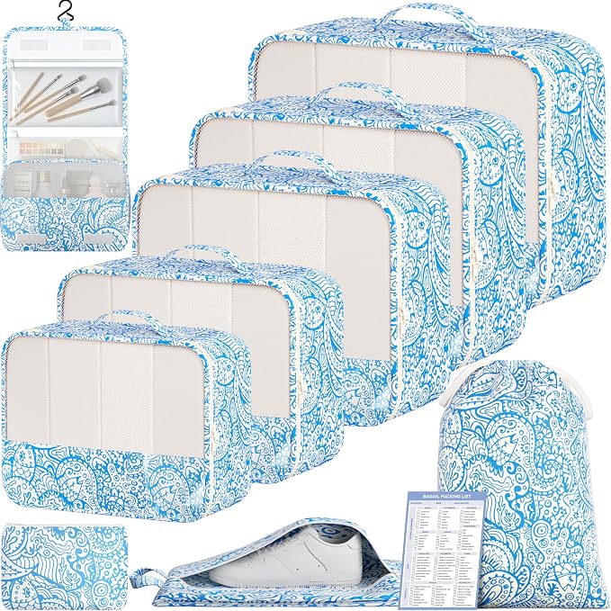 BAGAIL 9 Set Packing Cubes with Packing List Luggage Packing Organizers for Travel Accessories (Blue paisley)
