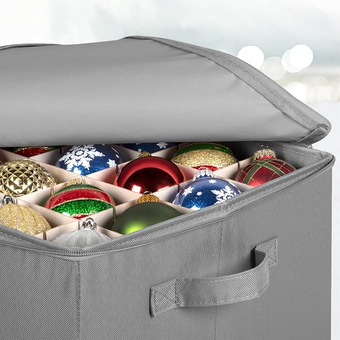 HOLDN’ STORAGE Christmas Ornament Storage Box - Christmas Decor Storage Containers that Store up to 64 – 3” x 3” Holiday Xmas Ornaments – Adjustable Compartment To Fit Many Sizes Ornaments – Grey.