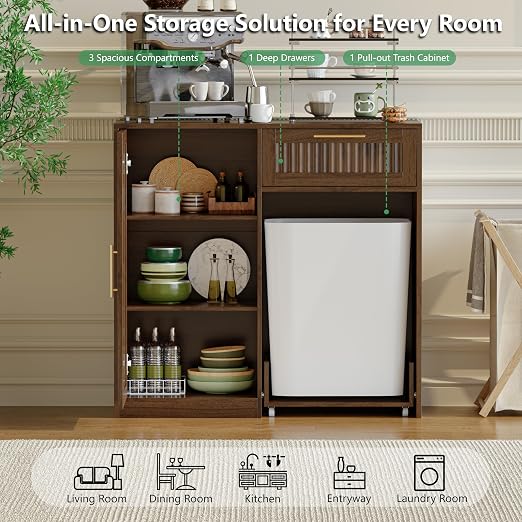 Single 13 Gallon Pull Out Trash Can Cabinet with Storage Cabinet,Walnut | Pet Proof Hidden Garbage Can Cabinet,3-Tier Shelves,Fluted Design,Extra Drawer Space,Kitchen & Dining Room Organization