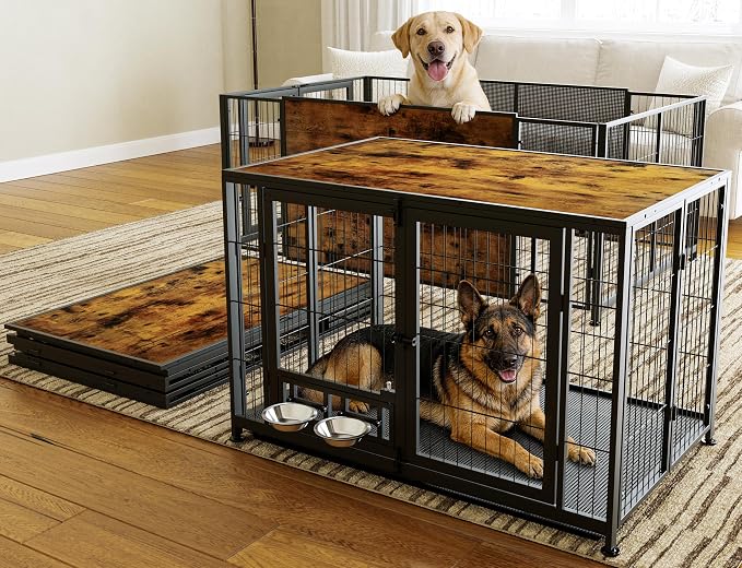 43.3" Heavy Duty Large Dog Crate with Wheels & Feeding Bowls, 3 in 1 Foldable Extra Large Dog Kennel & Playpen, Indestructible Escape-Proof Metal for Large Dogs, Indoor Outdoor, Rustic Brown