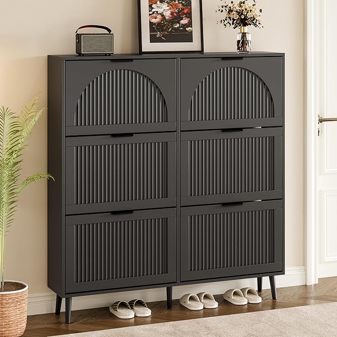 BORNOON Shoe Cabinet for Entryway with 6 Flip Drawers, Slim Wooden Shoe Storage Organizer with Modern Fluted Pannel，Freestanding Narrow Hidden Shoe Rack for Hallway, Foyer, Living Room
