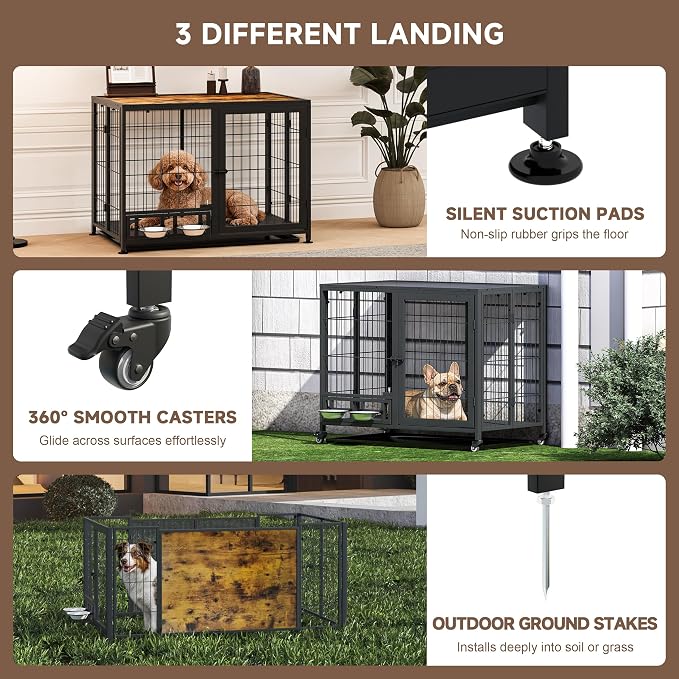 Heavy Duty Dog Crate for Small Dogs, 3 in 1 32.7" Foldable Collapsible Dog Kennel & Playpen with Lockable Wheels & Feeding Bowls, Escape-Proof Metal Dog Cage for Indoor Outdoor Use, Rustic Brown