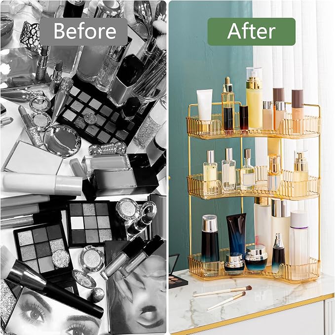 Corner Bathroom Counter Organizer Bathroom Countertop Shelf Makeup Organizer for Vanity Perfume Tray for Corner Storage (3 Tiers, Gold)