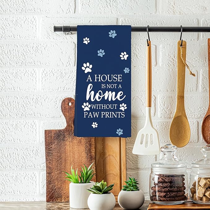Blue Paw Farmhouse Kitchen Towels Decor Gifts for Women Pet Lovers, A House is Not A Home Without Paw Prints Decorative Bathroom Towels, Funny Dish Hand Towels for Kitchen Drying 16x24 Inch
