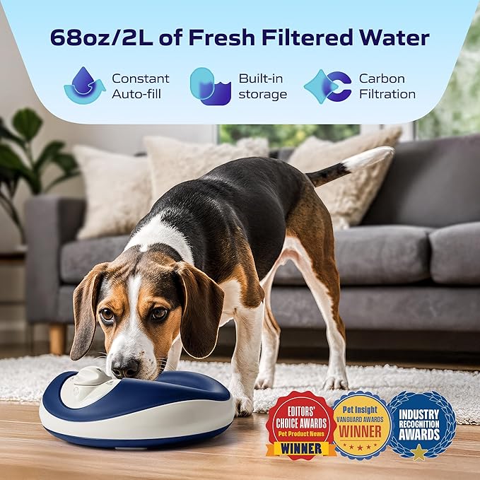 Mini Filtered Water Bowl for Cats & Small Dogs, 1L/34oz - No Power Needed, Auto-Refill, No Spill, Portable Travel Lock, Carbon Filter, BPA-Free, Puppies & Kittens