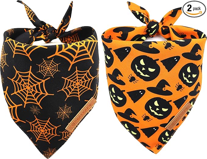 Realeaf Halloween Dog Bandanas 2 Pack, Pumpkin and Spider Web Bibs, Triangle Reversible Fall Pet Scarf, Premium Durable Fabric, Adjustable Fit (X-Large)