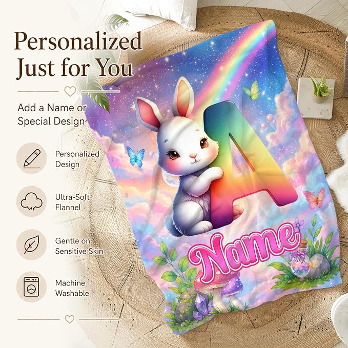 Personalized Blanket for Girls Bunny Throw, Custom Initial Name Kid Blanket | Kids Gift for Daughter, Cute Rabbit Blanket, Soft Touch, Living Room Throw