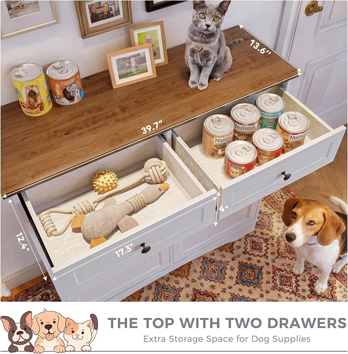 FIMELLO 39.7’’W Dual Doors Dog Food Storage Cabinet, Tilt-Out Dog Feeding Station with 4 Feeding Bowls, Pet Feeder Cabinet, White Grain