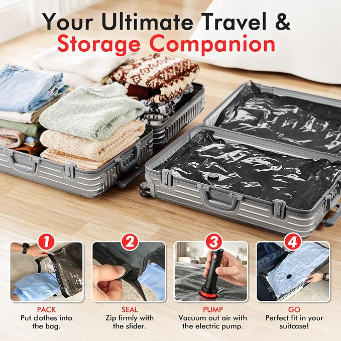 MEIQIHOME 18 Pack PackEase Travel Vacuum Bags 1500mAh Wireless Pump, 80% Compression Space Saver for Luggage, Clear PA+PE Reusable Seal Bags for Clothes, Portable Electric Air Pump for Travel & Home