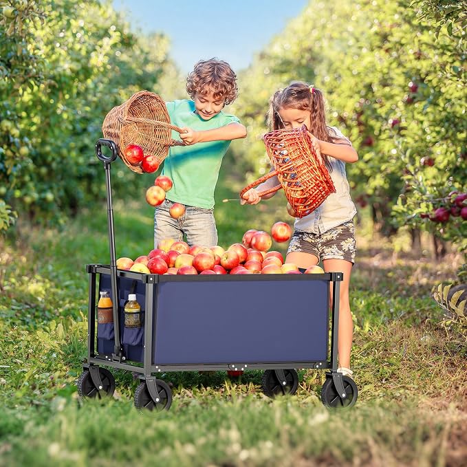 29.3" Collapsible Wagon Cart, 150L Heavy Duty Folding Utility Wagon with Wheels, 260 lbs Load, Portable Rolling Cart for Garden, Shopping, Sports, Camping, DarkBlue