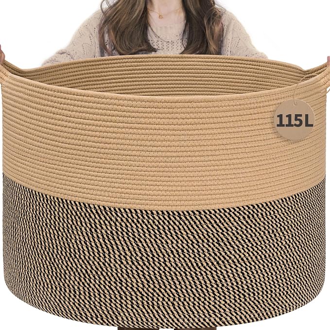 INDRESSME 115L Extra Large Woven Wicker Blanket Basket Living Room | Wicker baskets for organizing shoe, dog toys & pillows. For living room bedroom or nursery decor. soft-touch with handles