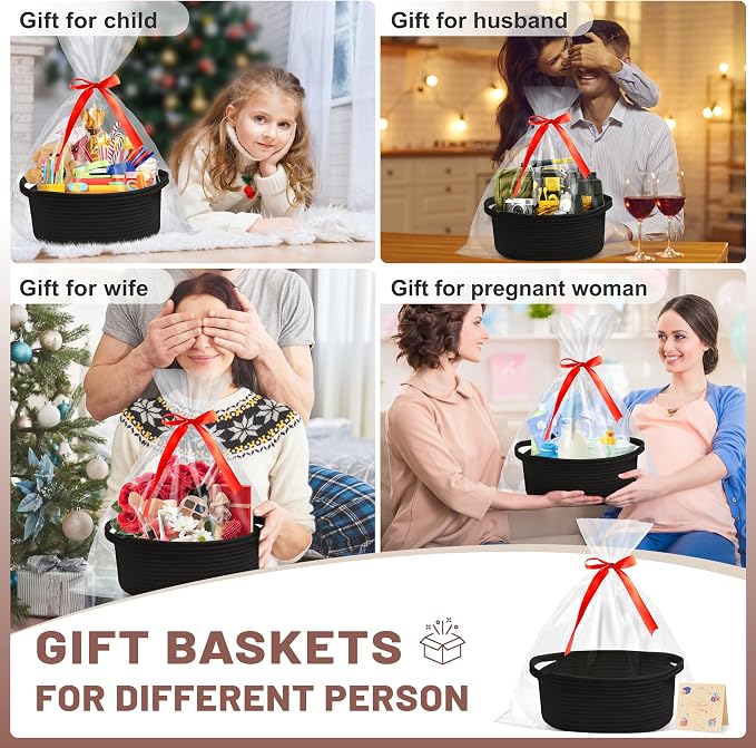 Bufims Small Woven Black Gifts Basket for Storage Empty with Ribbons and Bags Durable Cute Gifts 12"X 8" X 5" Small Rope Basket for Gifting