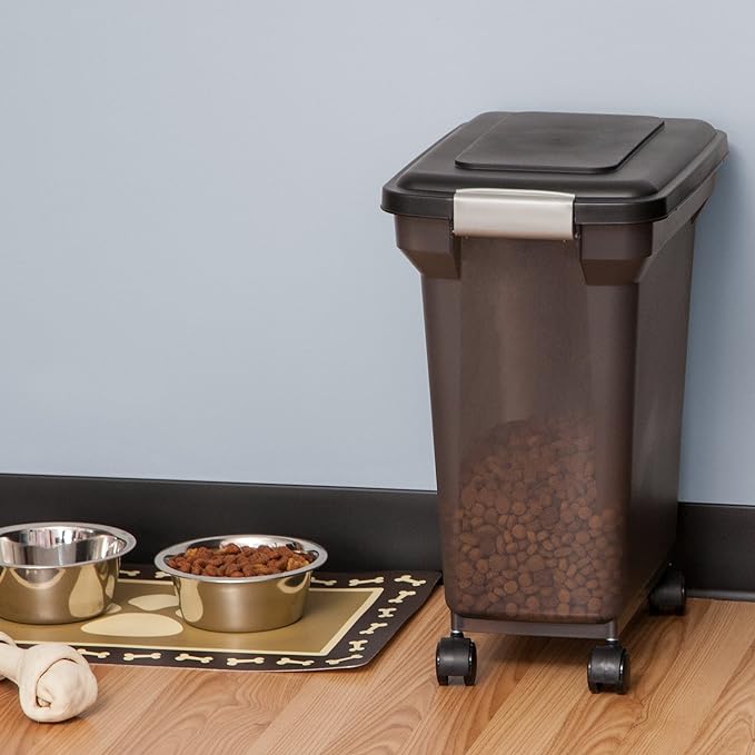 IRIS USA Dog Food Storage Container, Up to 22 lbs, Smoke, Made in USA | Wheels for Mobility, Airtight Seal, BPA-Free, Best for Cat Food, Bird Seed, Chicken Feed, Pet Toys, Treats, Pellets