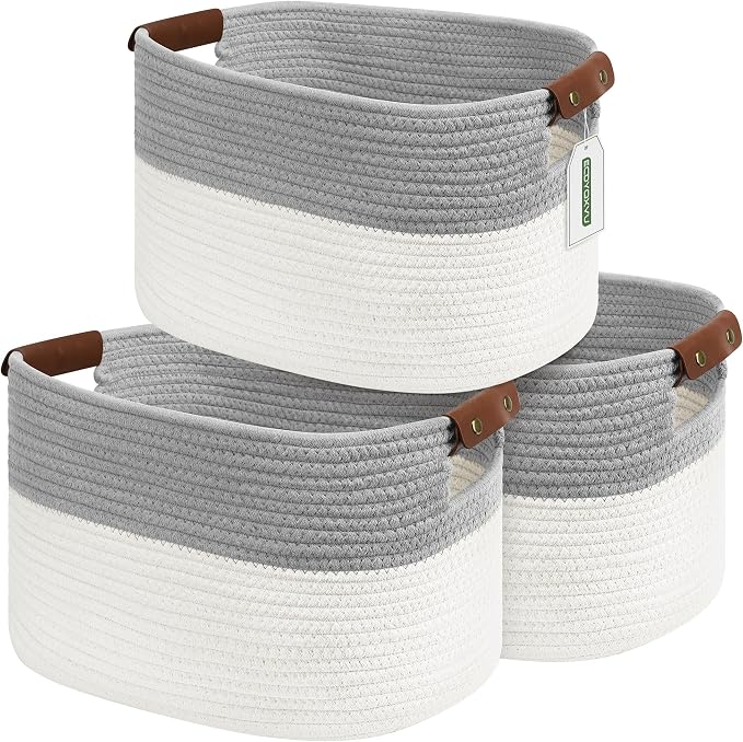 ECDYQXVU 15x10x9 Woven Cotton Rope Storage Basket, Leather Handles 3 Pack | Foldable Design, Sturdy PU Handles, Easy to Clean Organizer for Living Room, Closet, Shelves, Bedroom, Laundry, Clothes