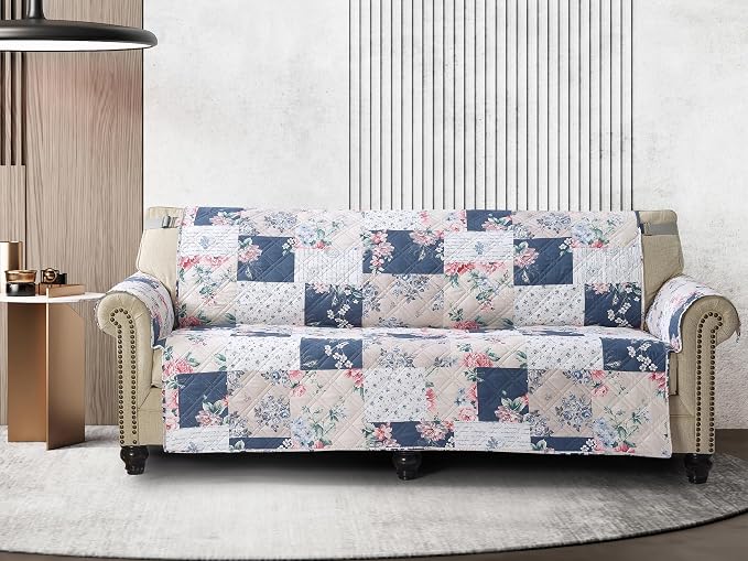 Brilliant Sunshine Vintage Indigo & Pink Rose Toile Couch Cover, 78" seat | Quilted Sofa Cover, Living Room & Bedroom Furniture Protector, Extra Large Washable Slipcover for Pets, Dogs & Cats