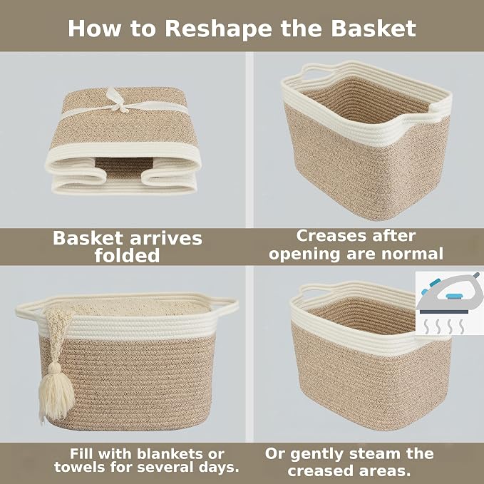 XUANGUO Woven Cotton Rope Storage Basket with Handles 13x10x9 inch | Woven cotton rope basket for shelves and closets. Perfect for toys, books, clothes, nursery storage and gift baskets.