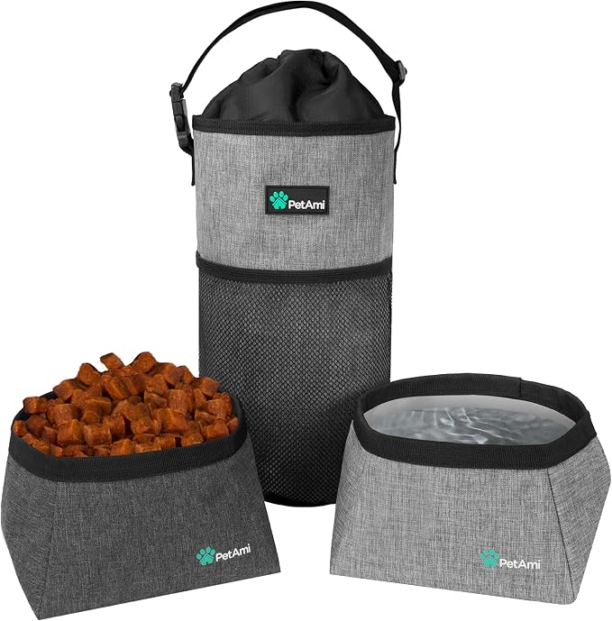 PetAmi Travel Dog Food Bag with 2 Collapsible Bowls Waterproof Dog Kibble Storage & Foldable Food Water Bowls for Dogs & Cats, Hiking & Camping (Heather Grey)