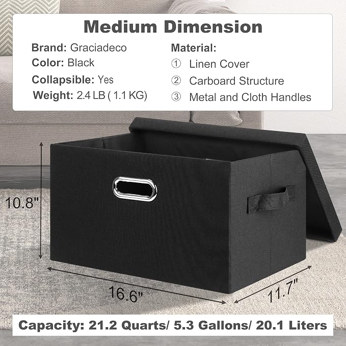 Graciadeco Medium 15" 21 Quart Collapsible Stackable Storage Bins with Lids, 5 Packs Black Foldable Fabric Closet Storage Boxes with Lids, Lidded Heavy-duty Linen Baskets(15x11x8) | 21 Quart 5 Pack Black Collapsible Stackable Linen Fabric 4 Handles Bed...