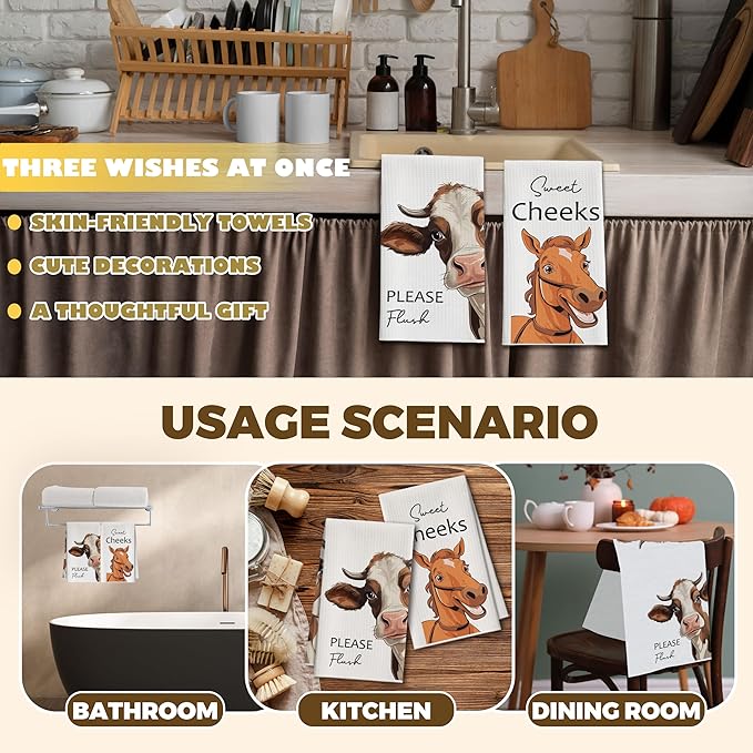 Kitchen Towels Set of 2, Farm Animal Dish Towel for Kitchen, Cow Horse Bathroom Decorative Hand Towels, Fast Drying Tea Towel with Slogans, Housewarming Gifts for Women Mom -B24