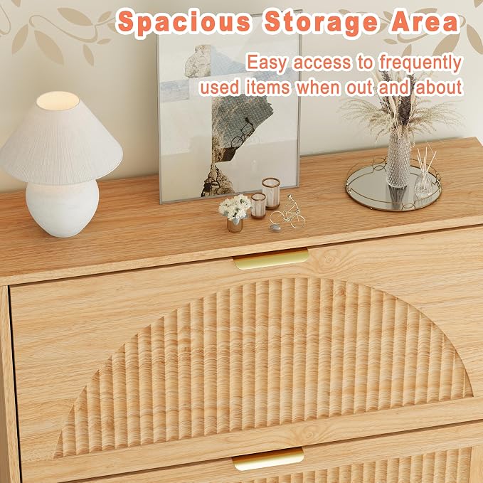 Shoe Storage Cabinet with 2 Flip Drawers, Narrow Wood Shoe Organizer Cabinet with Fluted Panel, Slim Shoe Rack for Entryway, Freestanding Shoe Cabinet for Living Room, Hallway, Wood Color