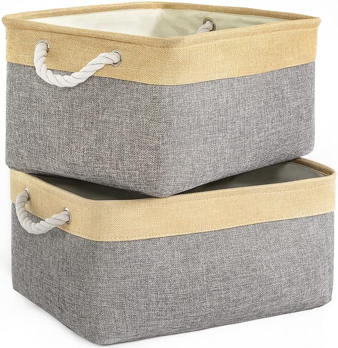 Storage Basket for Organizing - 3 Pack 14x10x7 inch Large Collapsible Storage Bin for Shelves, Fabric Storage Cubes for Organizer ClosetCloth Gift Toy (Grey & Gold)