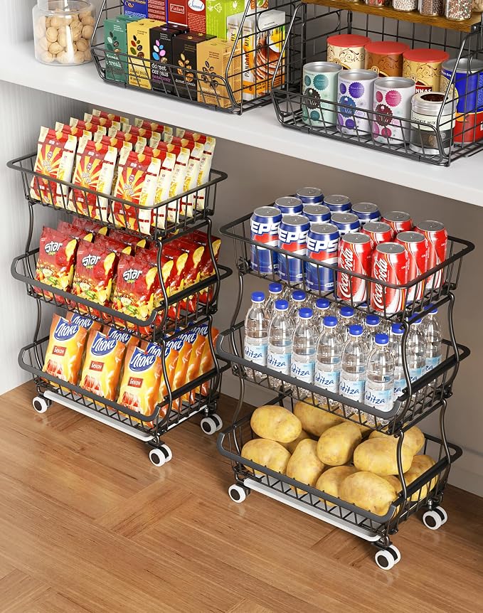 OKZEST 3-Tier Rolling Pantry Floor Organizers and Storage Cart with Wheels | Fits under pantry shelf, Stackable kitchen pantry baskets with dirt catch tray, Holds drink, snack, can, potato, onion, fruit