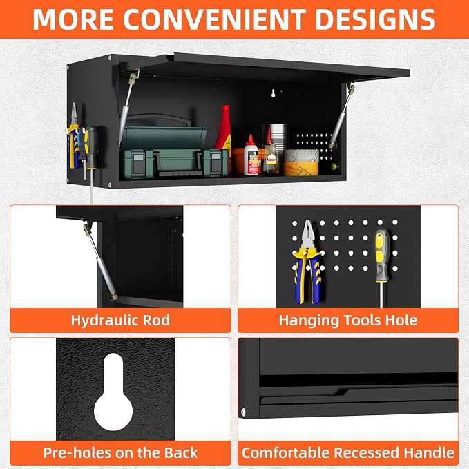 Garage Wall Cabinet, 13.8" H Metal Wall Cabinet with Up-Flip Door | Wall Mounted Metal Storage Cabinet, Upper Cabinet for Kitchen,Garage,Workshop,Warehouse, Assembly Required, Black