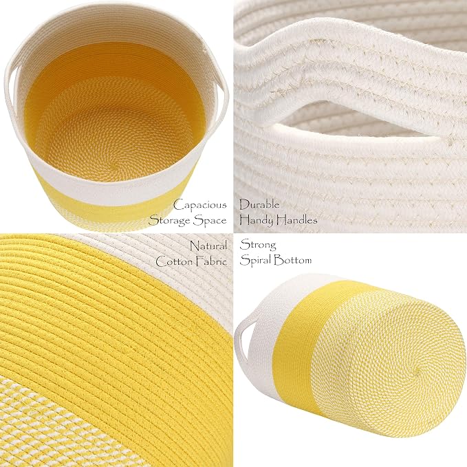 Sea Team Large Woven Cotton Rope Laundry Basket with Handles, 20 x 14 in | Collapsible Knitted Hamper, Closet Shelf Organizers, Containers for Clothing, Blankets, Toys, Bedding, Mottled Yellow