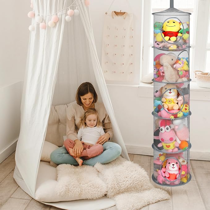 3Pcs Hanging Stuffed Animal Storage Hammock Net 5 Tiers, Grey | Hanging Mesh Storage Organizer for Kids Room, Holds Plushies, Gloves, Hats, Socks, Foldable Space-saving Design