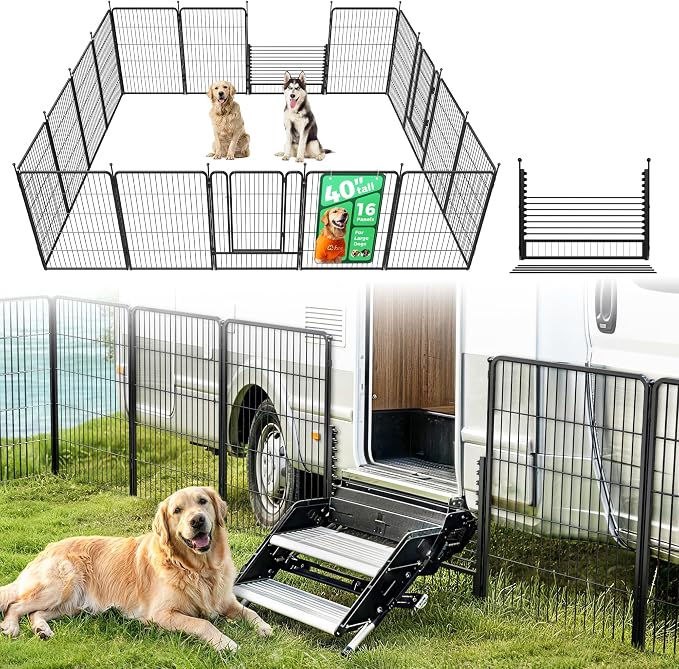 FXW Rollick Dog Playpen with RV Step Grid for RV Camping, 40" H, 16 Panels | Easy Setup & Sturdy, Blocks RV Stair Gaps, Fits RV Steps up to 30"W, For Medium & Large Dogs, Patented