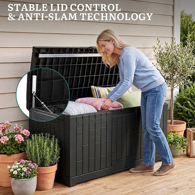 YITAHOME Large Deck Box 120 Gallon Resin Outdoor Storage Box | Patio Storage Bin and Bench Seat for Outdoor Pillows, Garden Tools and Pool Supplies, Waterproof Lockable, Black