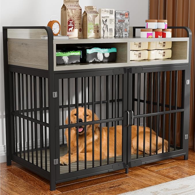 Large Furniture Dog Crate, Dog Kennel Indoor, Wood Dog Cage Table with Drawers Storage, Heavy Duty Dog Crate, Jaula para Perros, Sturdy Metal, 40.5" L×23.6" W×35.4" H, Rustic Grey