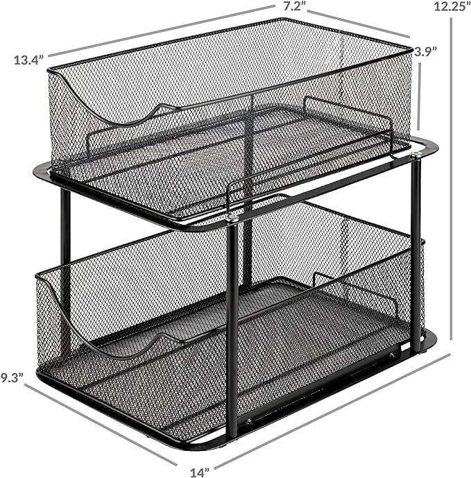 Sorbus Pull-Out Under Sink Organizer, Mesh Construction (Black, 1 Pack) | Two-tier metal organization with strong steel and sliding drawers for bathrooms, kitchens, cabinets, closets and pantries.