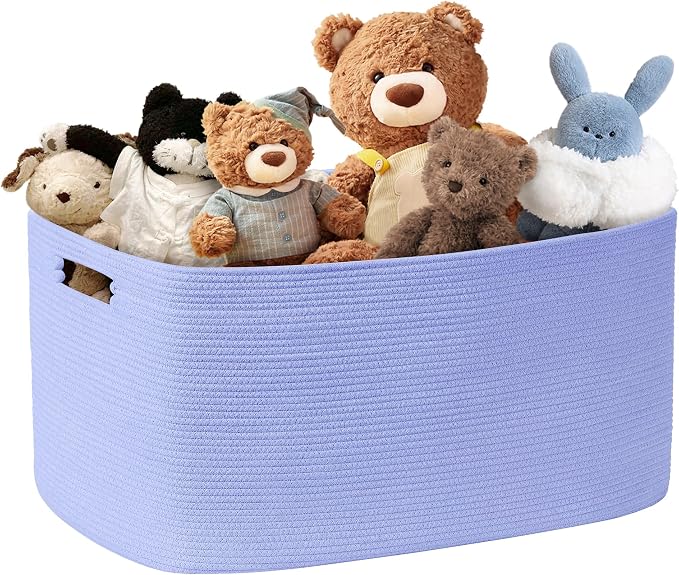 60L Woven Laundry Basket Hamper with Handles, Blue Purple | collapsible wicker hamper, storage for dirty clothes, toys, blankets, gifts, living room, bedroom, bathroom, 21"x15"x11"