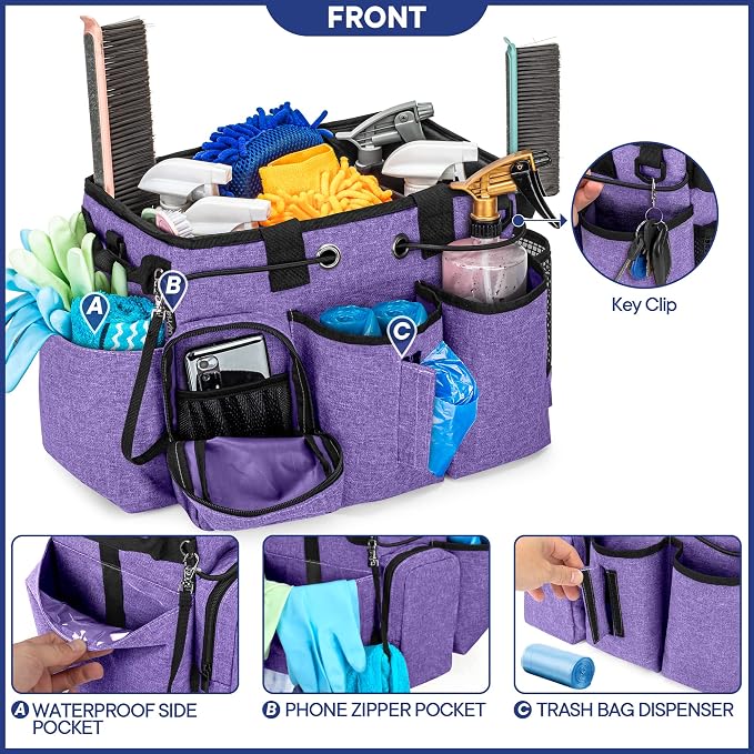 LoDrid Large Professional Cleaning Caddy with Detachable Divider, Purple | Cleaning Supply Organizer with Handle and Shoulder Strap for Housekeepers & Cleaners