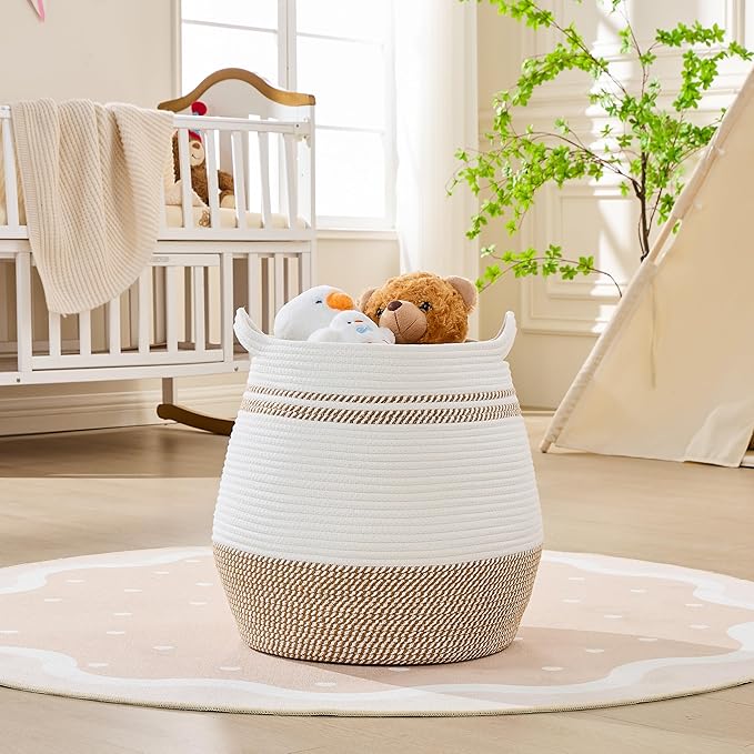 KAKAMAY Large Cotton Rope Woven Basket for Storage (17"x17"), Collapsible Laundry Hamper for Baby, Blanket Basket for Organizing Living Room, Nursery, Clothes, Toy Chest, Brown Stripes