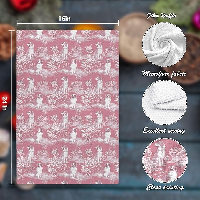 Border Collie Dog Gifts for Pink Chinoiserie Floral Decor Kitchen Towels，Pink Border Collie Dog Print Grandmillennial Decorative Dish Tea Towels for Kitchen Bathroom,16x24 Inch