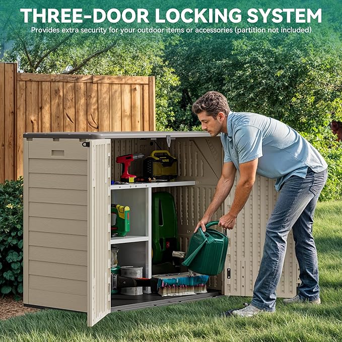 YITAHOME 30 CuFt Outdoor Storage Shed with Shelf, Horizontal Storage Cabinet for Garden Tool, Waterproof Outdoor Storage Shed for Garage, Resin Pool Storage, Easy to Assemble, Khaki & Brown
