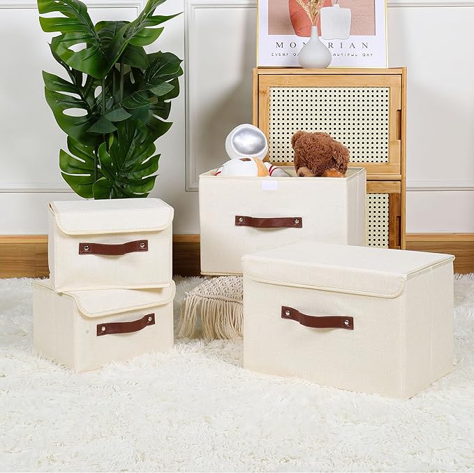 ANMINY Fabric Storage Box Bins with Lids, Beige, 13"x9"x7.9", 4 Pack | Keepsake Memory Storage, Cotton Linen, PP Board Reinforced, Washable, PU Handles, Foldable & Stackable, Decorative, Medium