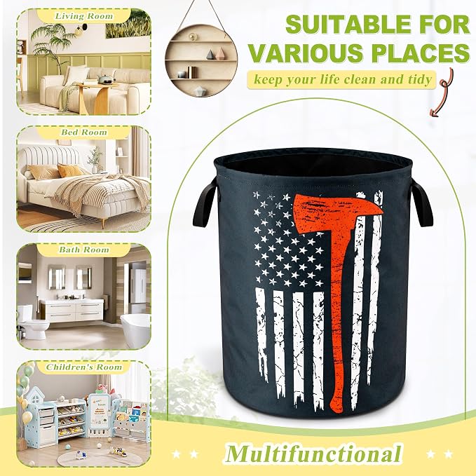 American Flag Red Line Ax Laundry Basket Foldable Waterproof 18.9x16.5 Inch | Oxford Cloth Hamper With Reinforced Handles Lining Large-Capacity Storage For Bathrooms/Laundry Rooms/ Living Rooms/Bedrooms