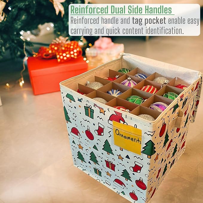 VENO 2 Pack Christmas Ornament Storage Box, Holiday Ornament Organizer with Adjustable Dividers, Sturdy Storage Containers for 64 Ornaments, Zippered Lid & Handles, 3" Cube (Jingle Mix)